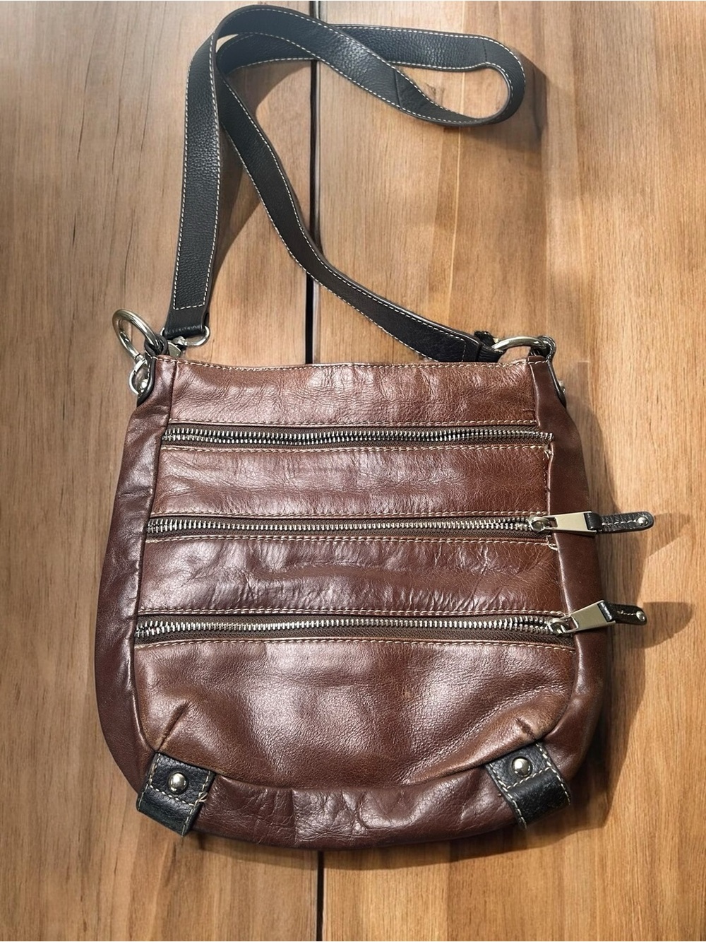 Danier Brown Leather Crossbody Bag Multi Zip Purse